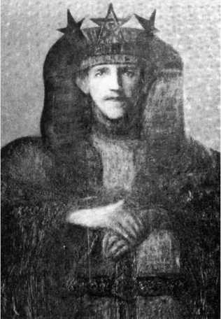 Mathers em Traje Mágico, pintado por sua esposa por volta de 1895. (Assinado por Μ. MacGregor Mathers no canto inferior direito.)